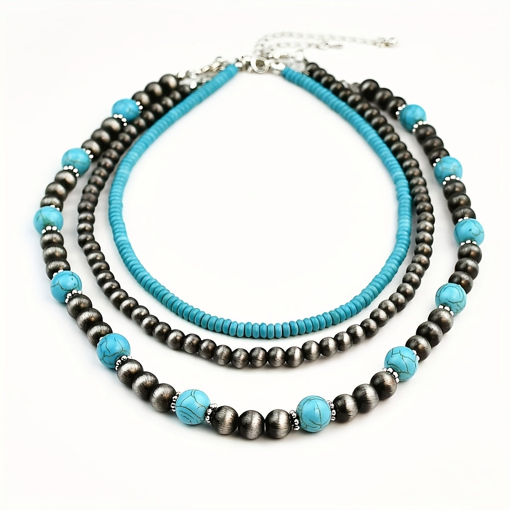 Retro Turquoise Layered Necklace 3 piece Set