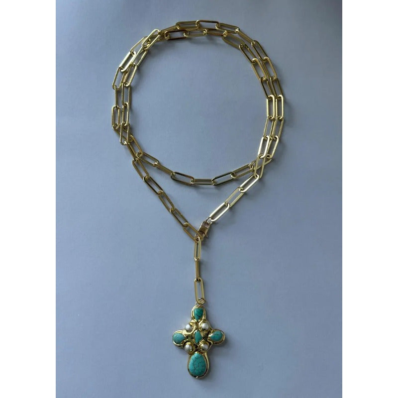 Full length of the Statement Turquoise Cross Lariat Necklace