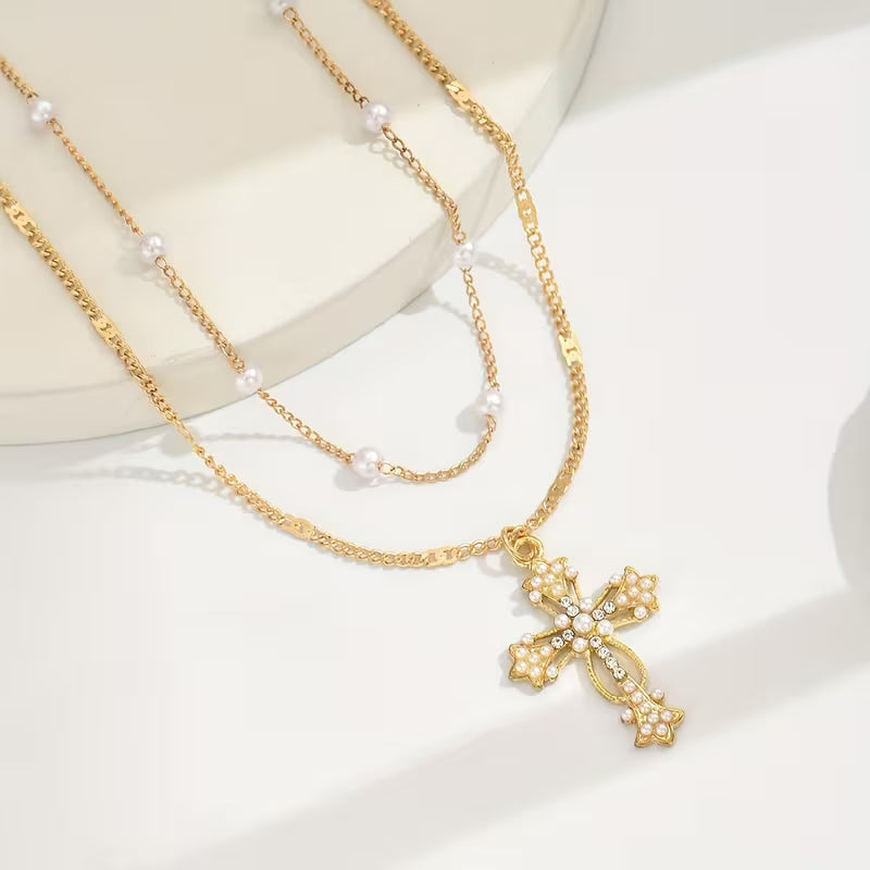 Graceful Layered Pearl Cross Necklace size guide