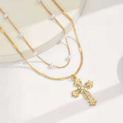 Graceful Layered Pearl Cross Necklace size guide
