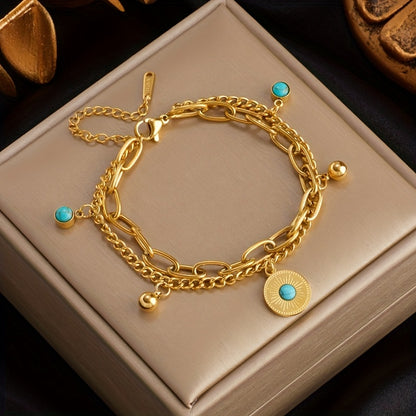 Elegant Gold Turquoise Layered Chain Bracelet