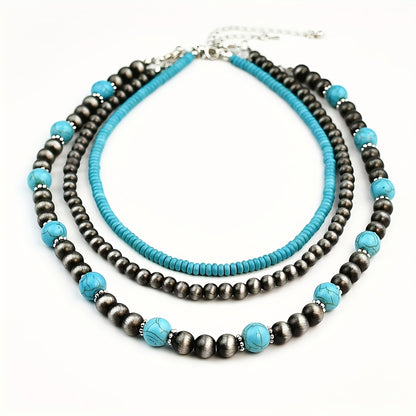 Retro Turquoise Layered Necklace 3 piece Set