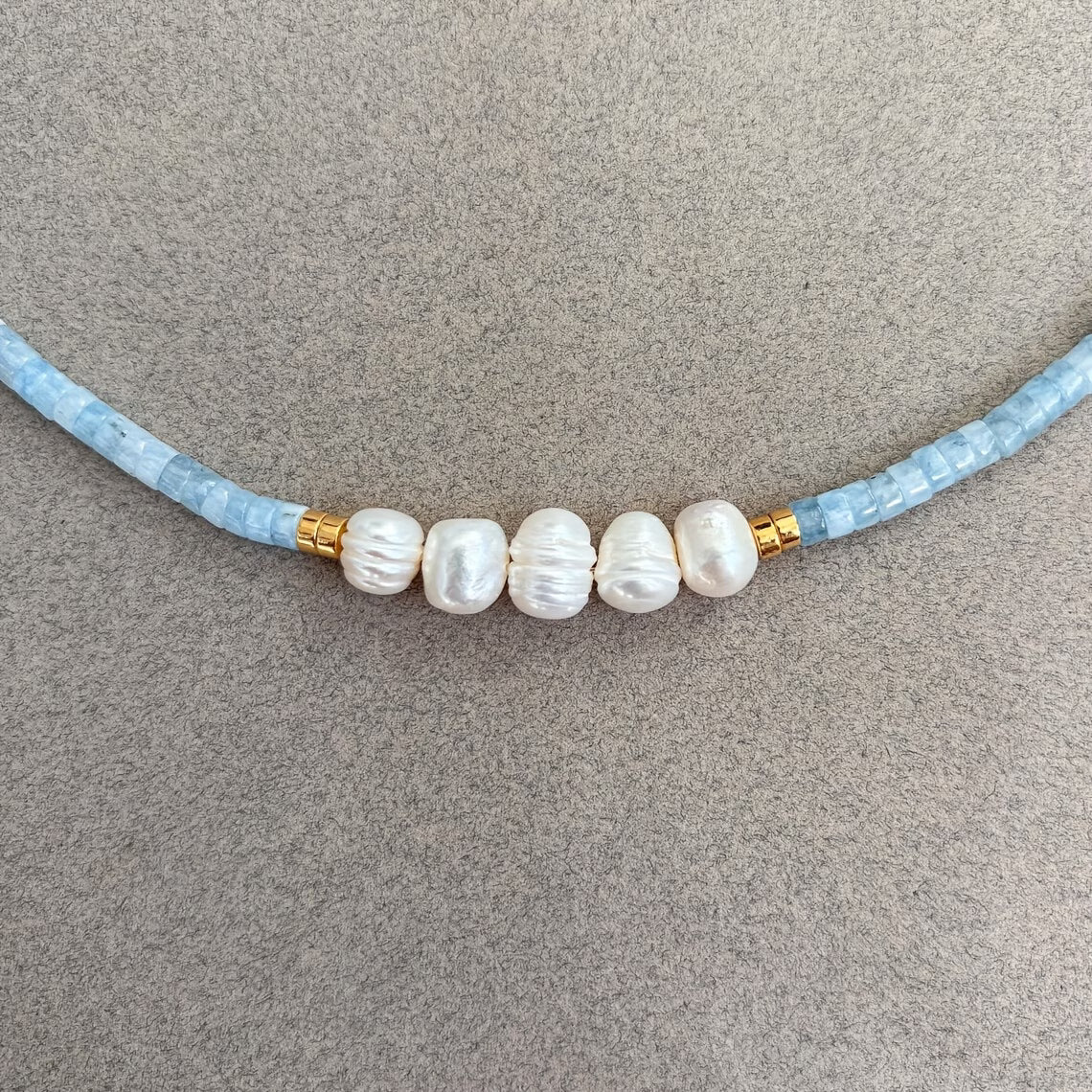 Minimal Aquamarine Turquoise and Pearl Necklace
