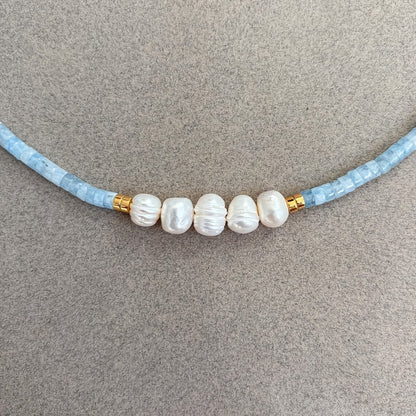 Minimal Aquamarine Turquoise and Pearl Necklace