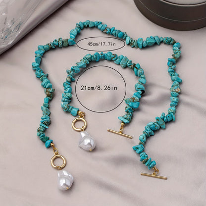 Elegant Turquoise & Pearl Necklace Bracelet Set