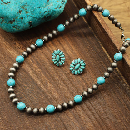 Turquoise Contrast Beaded Necklace & Earrings Set (5 pcs)