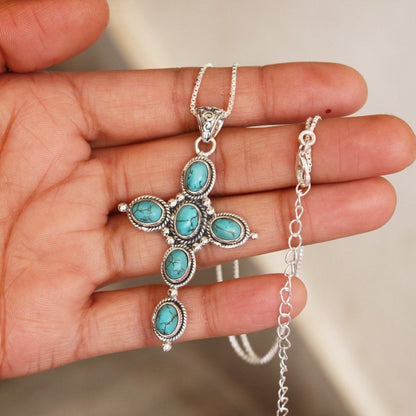 Close-up of the Bohemian Turquoise Cross Necklace pendant