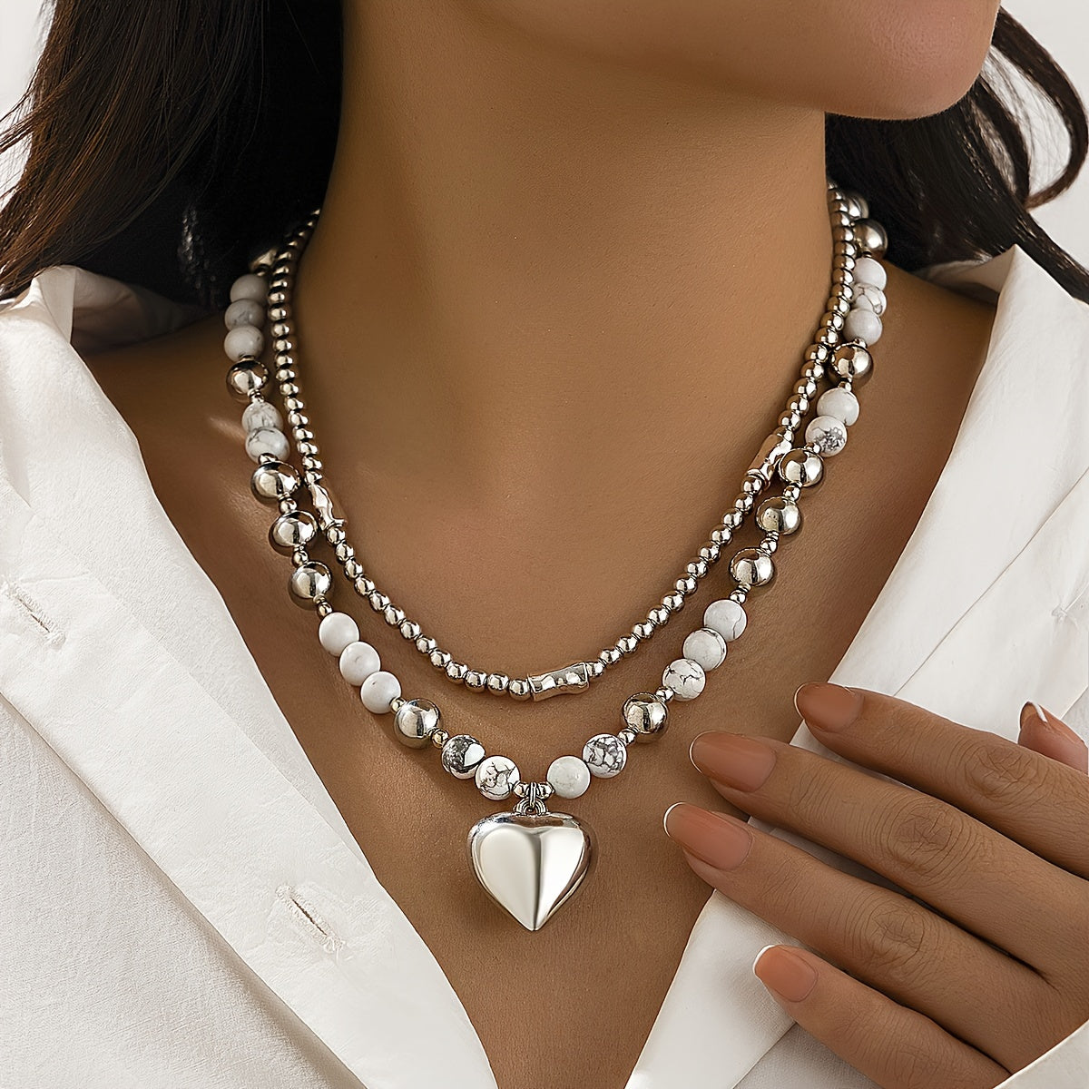 Vintage Silver Heart Necklace Set of 2 worn layered