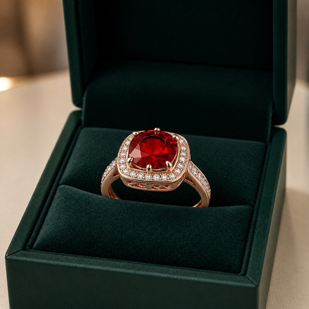 **Sophisticated Ruby Halo Gold Ring**