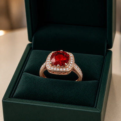 **Sophisticated Ruby Halo Gold Ring**