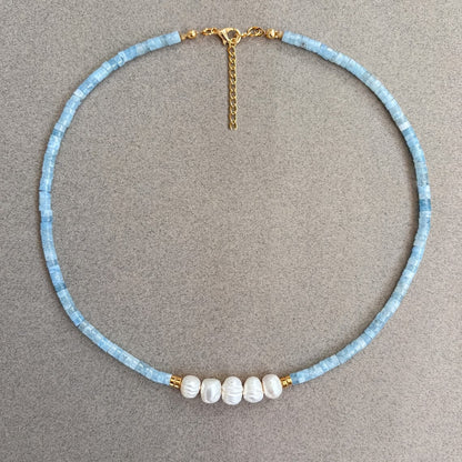 Minimal Aquamarine Turquoise and Pearl Necklace