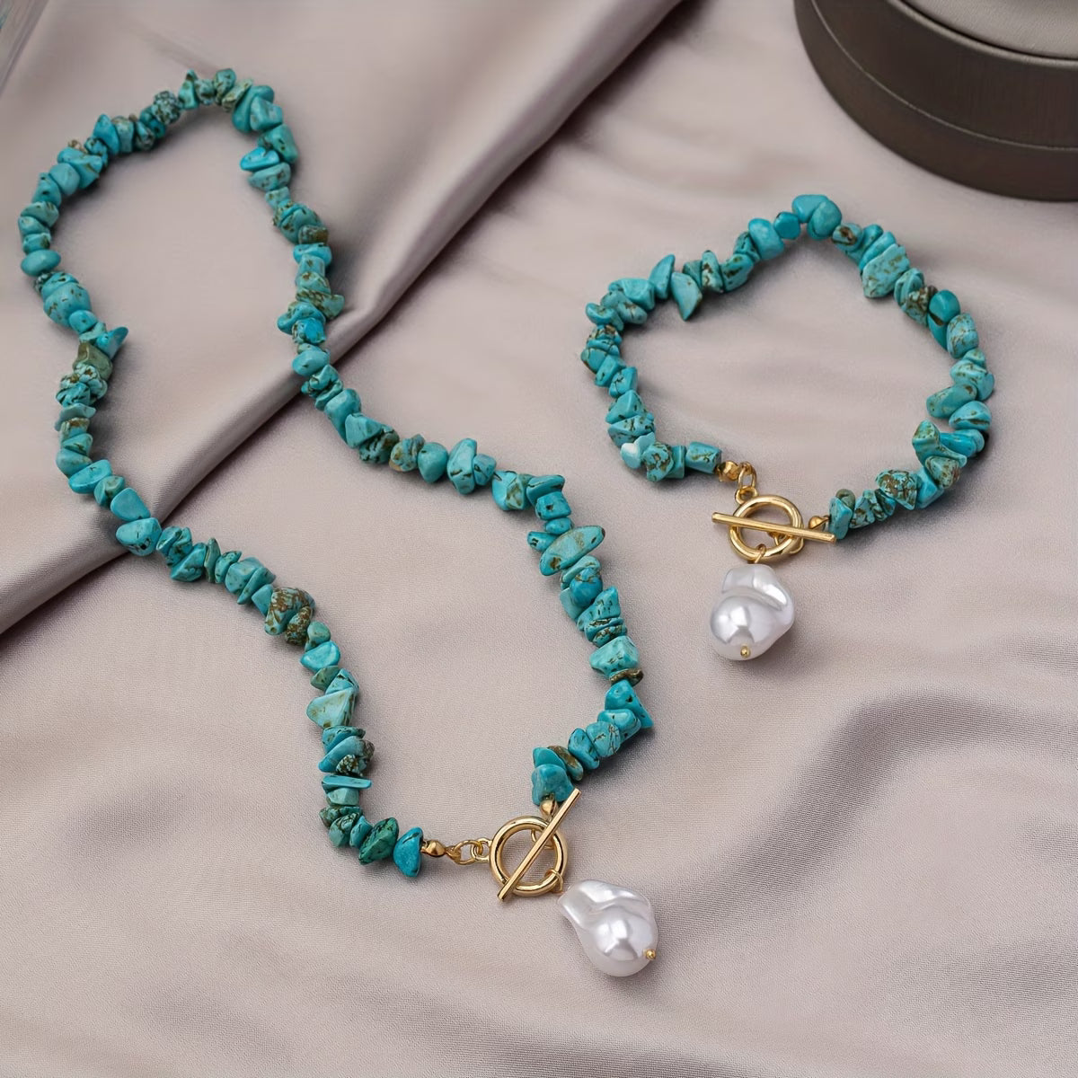 Elegant Turquoise & Pearl Necklace Bracelet Set
