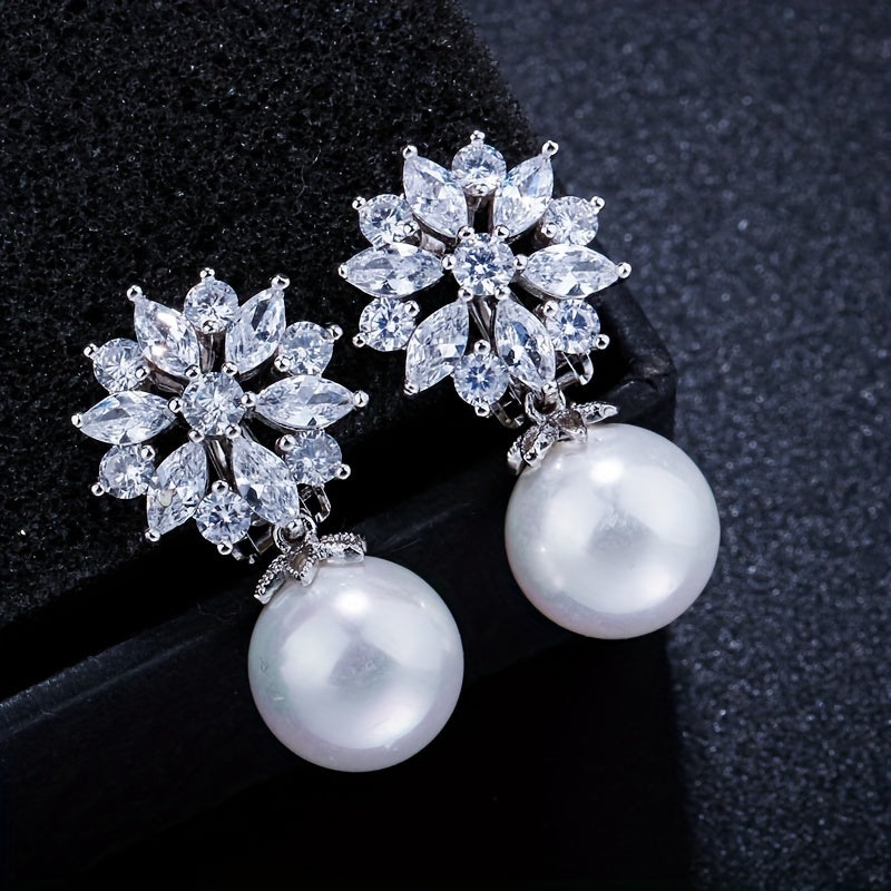 Elegant Pearl Drop Zirconia Clip Earrings styled