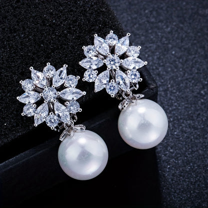 Elegant Pearl Drop Zirconia Clip Earrings styled