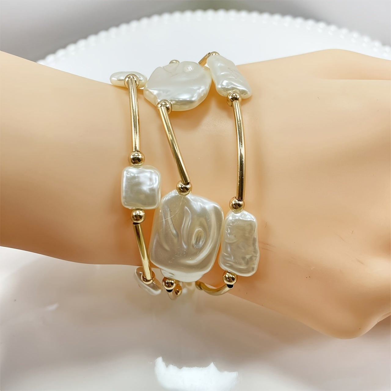 Premium Baroque Pearl Bracelet Set of 3 worn stacked on the wrist