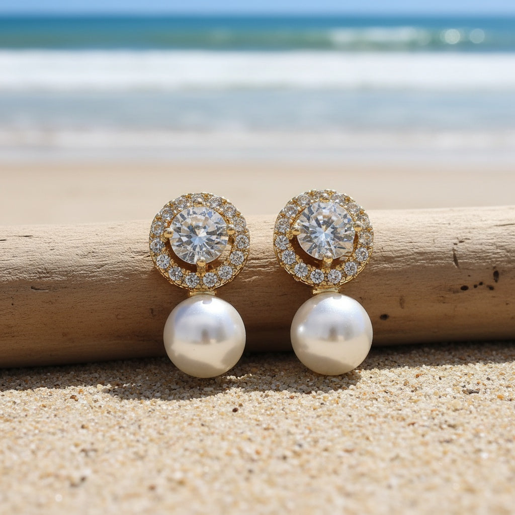Delicate Pearl Halo Clip Earrings styled at the beach