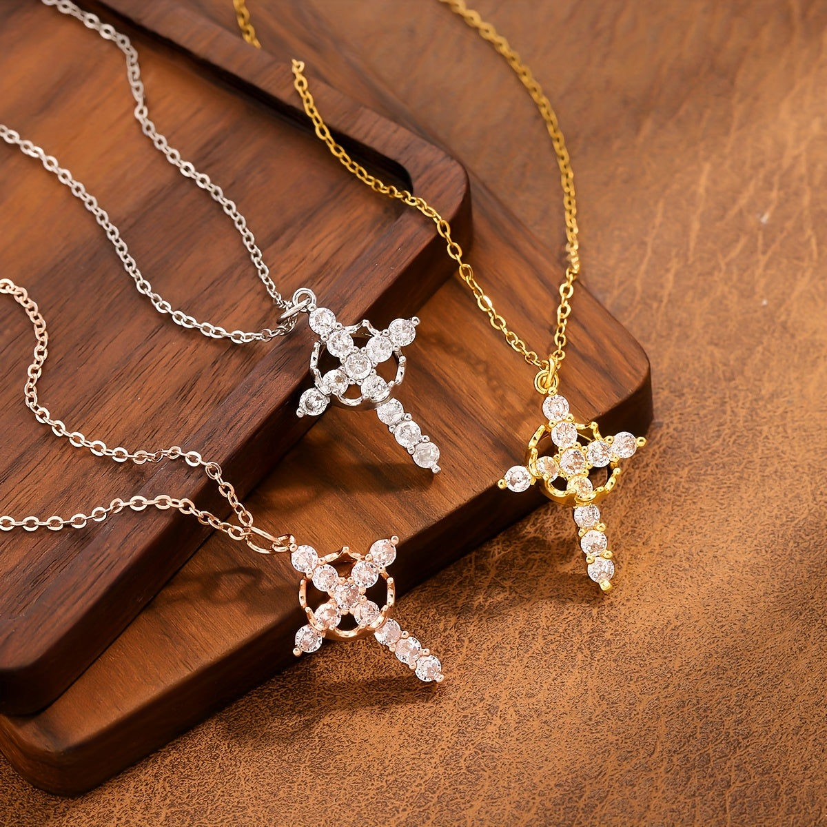 Radiant Crystal Cross Necklace in gold, silver, and rose gold