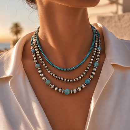 Retro Turquoise Layered Necklace 3 piece Set