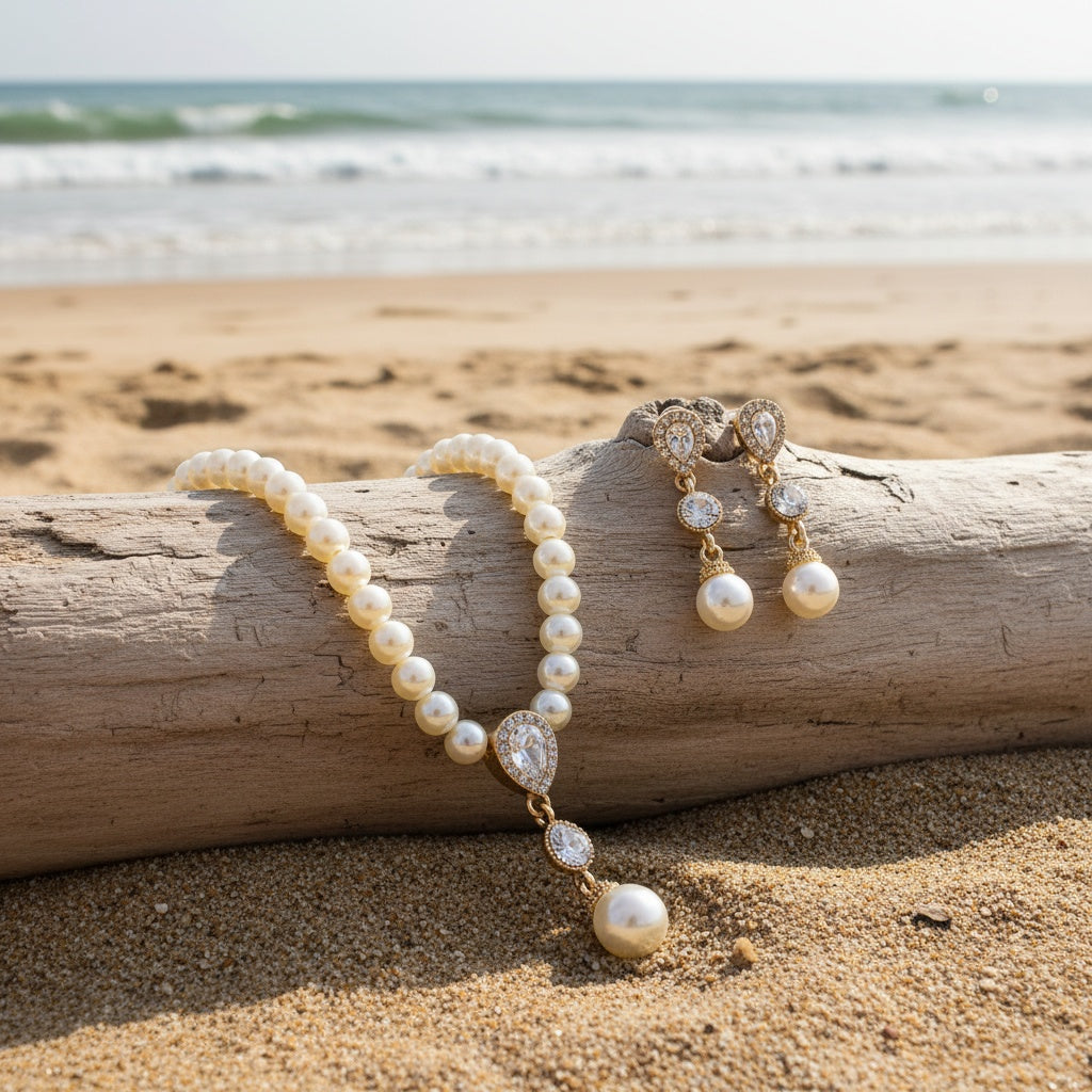 Vintage Classic Pearl Jewelry Set styled on driftwood