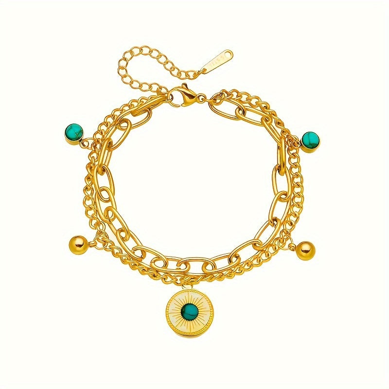 Full view of the double chain and turquoise coin charm