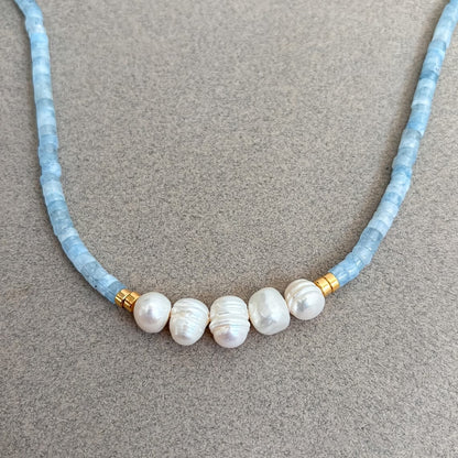 Minimal Aquamarine Turquoise and Pearl Necklace