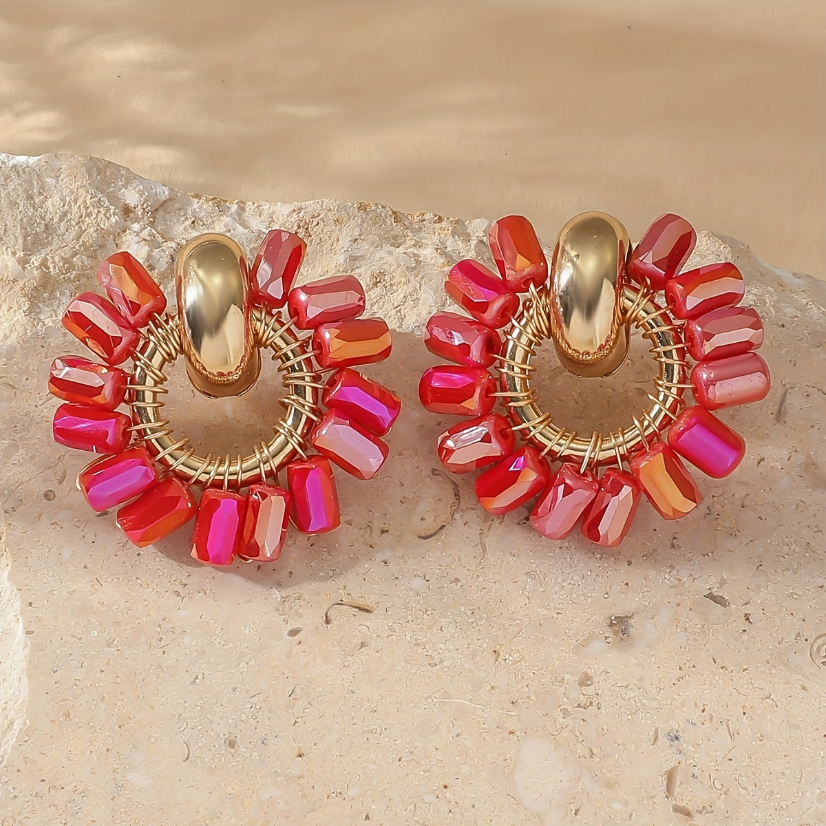 Elegant Pearl Beaded Fan Earrings in ruby