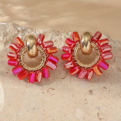 Elegant Pearl Beaded Fan Earrings in ruby