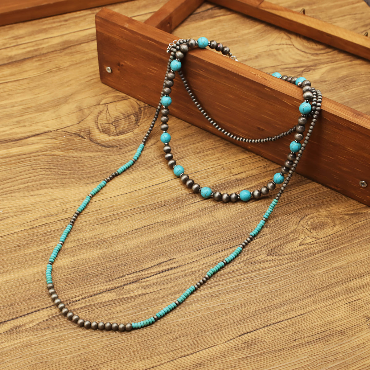 Turquoise Contrast Beaded Necklace & Earrings Set (5 pcs)
