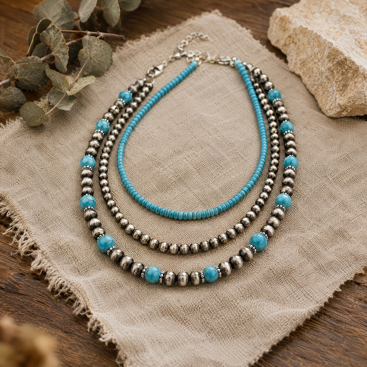 Retro Turquoise Layered Necklace 3 piece Set