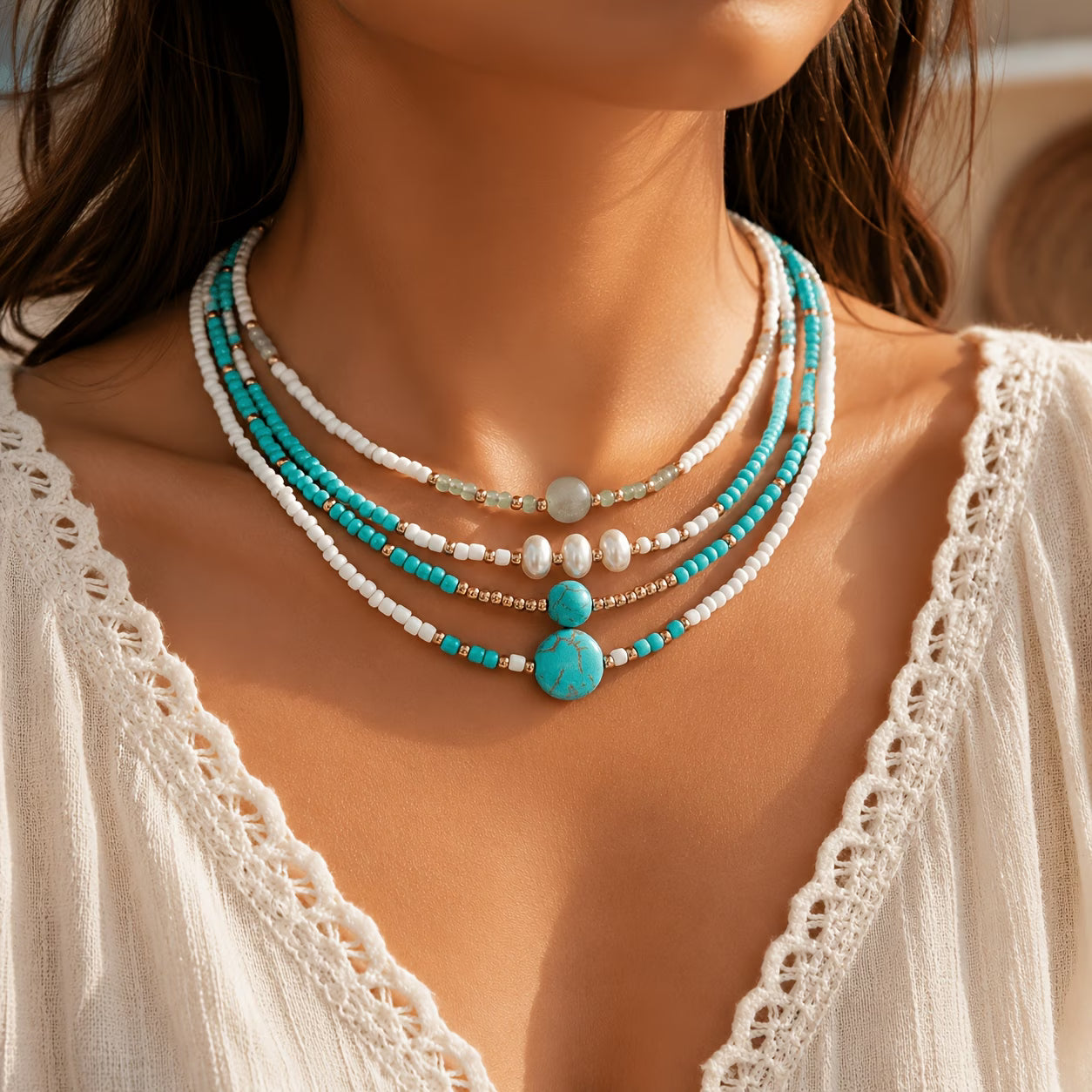 Bohemian Pearl and Turquoise Beaded Bracelet Set