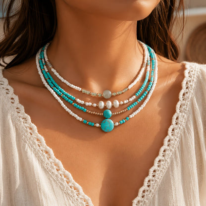 Bohemian Pearl and Turquoise Beaded Bracelet Set