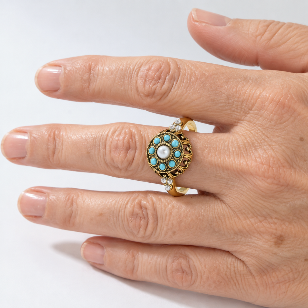 Premium Floral Turquoise Pearl Ring