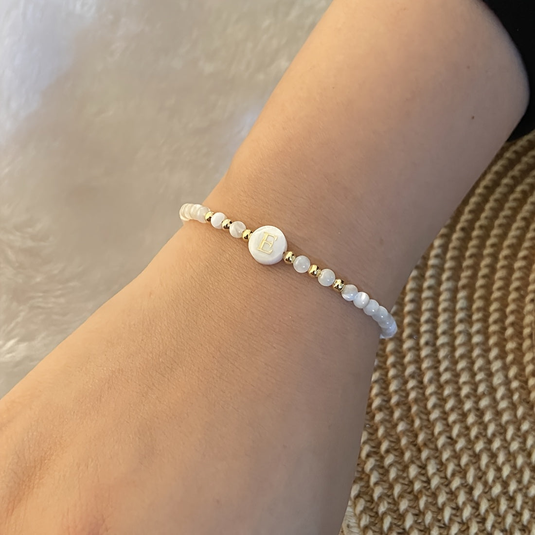 Elegant Initial Pearl Bracelet letter E