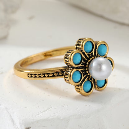 Elegant Floral Turquoise Pearl Ring