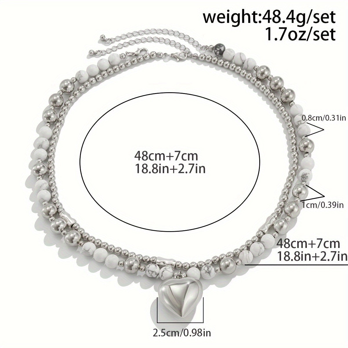 Size guide for the Vintage Silver Heart Necklace Set of 2