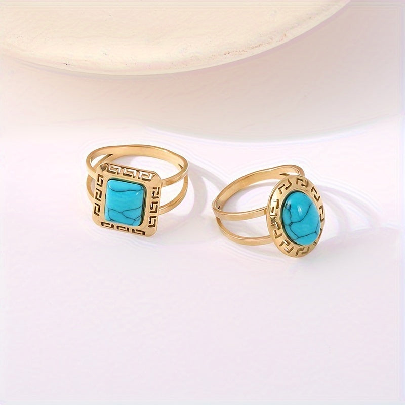 Vintage Turquoise Greek Key Rings styled on a light background