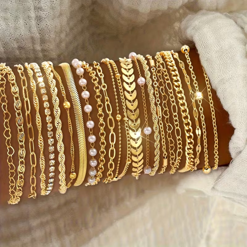 Golden Pearl Chain Bracelet Set of 23