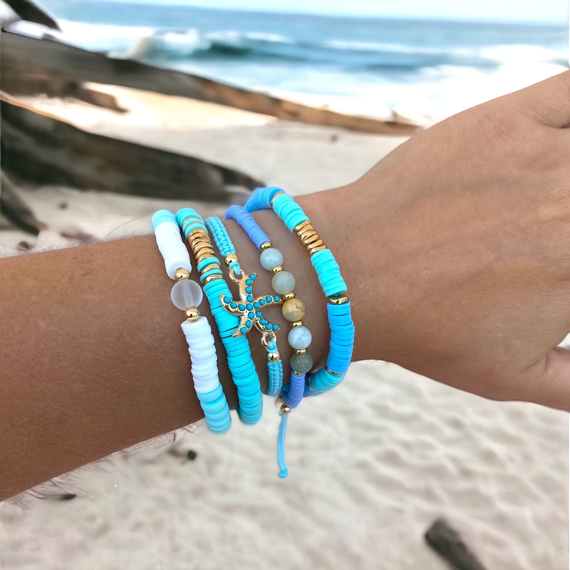 Coastal Bracelet Set of 5 worn on the wrist at the beach