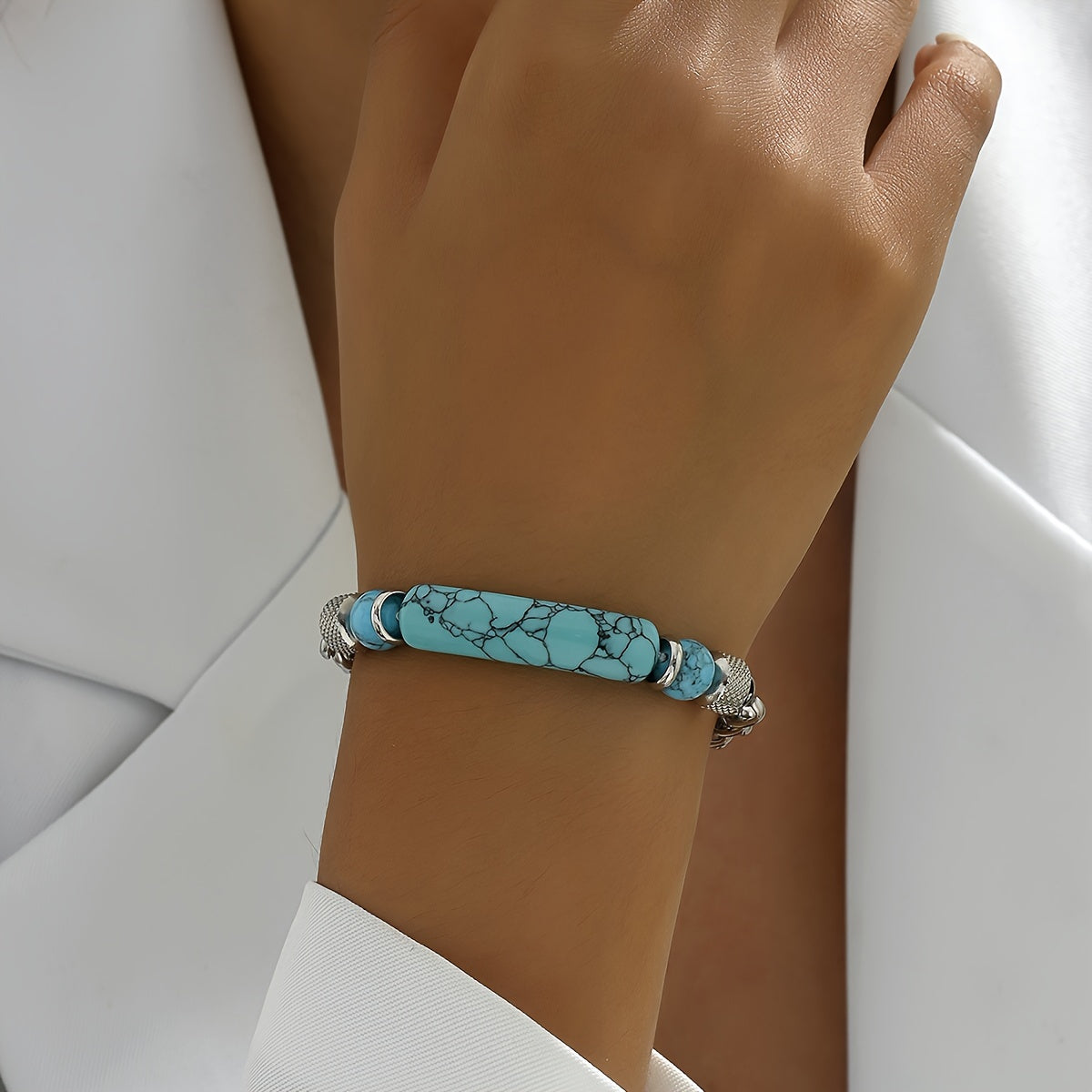 Elegant Silver Turquoise Bracelet worn on the wrist