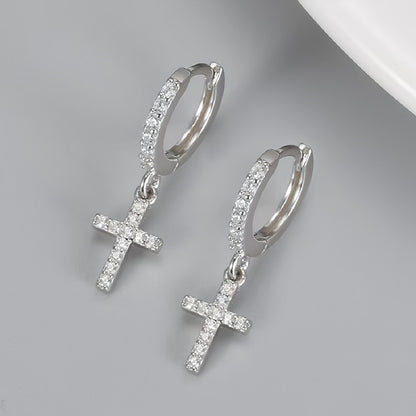 Polished Cross Huggie Earrings in silver