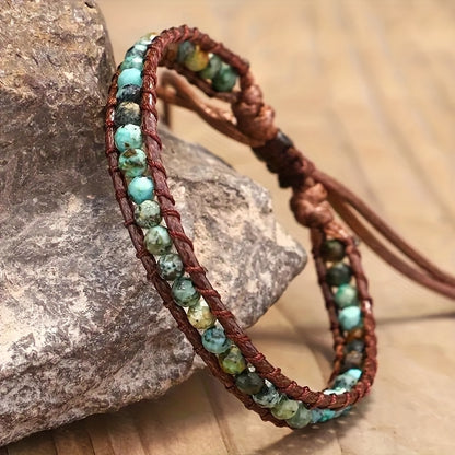 Boho Turquoise Stone Wrap Bracelet on a leather cord
