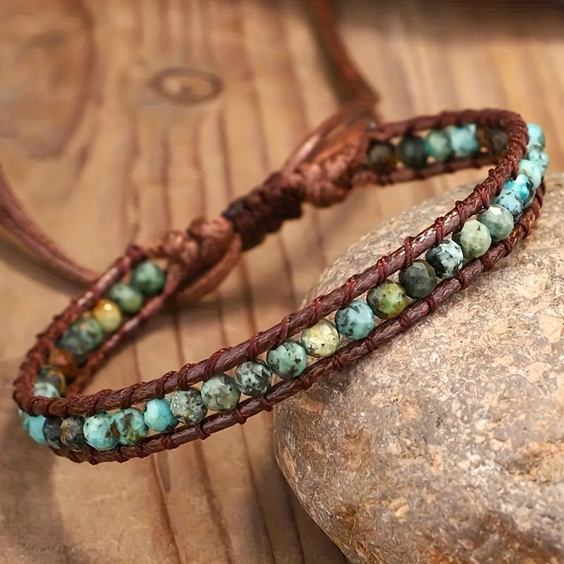 Boho Turquoise Stone Wrap Bracelet shown on natural stone