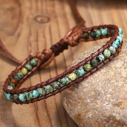 Boho Turquoise Stone Wrap Bracelet shown on natural stone