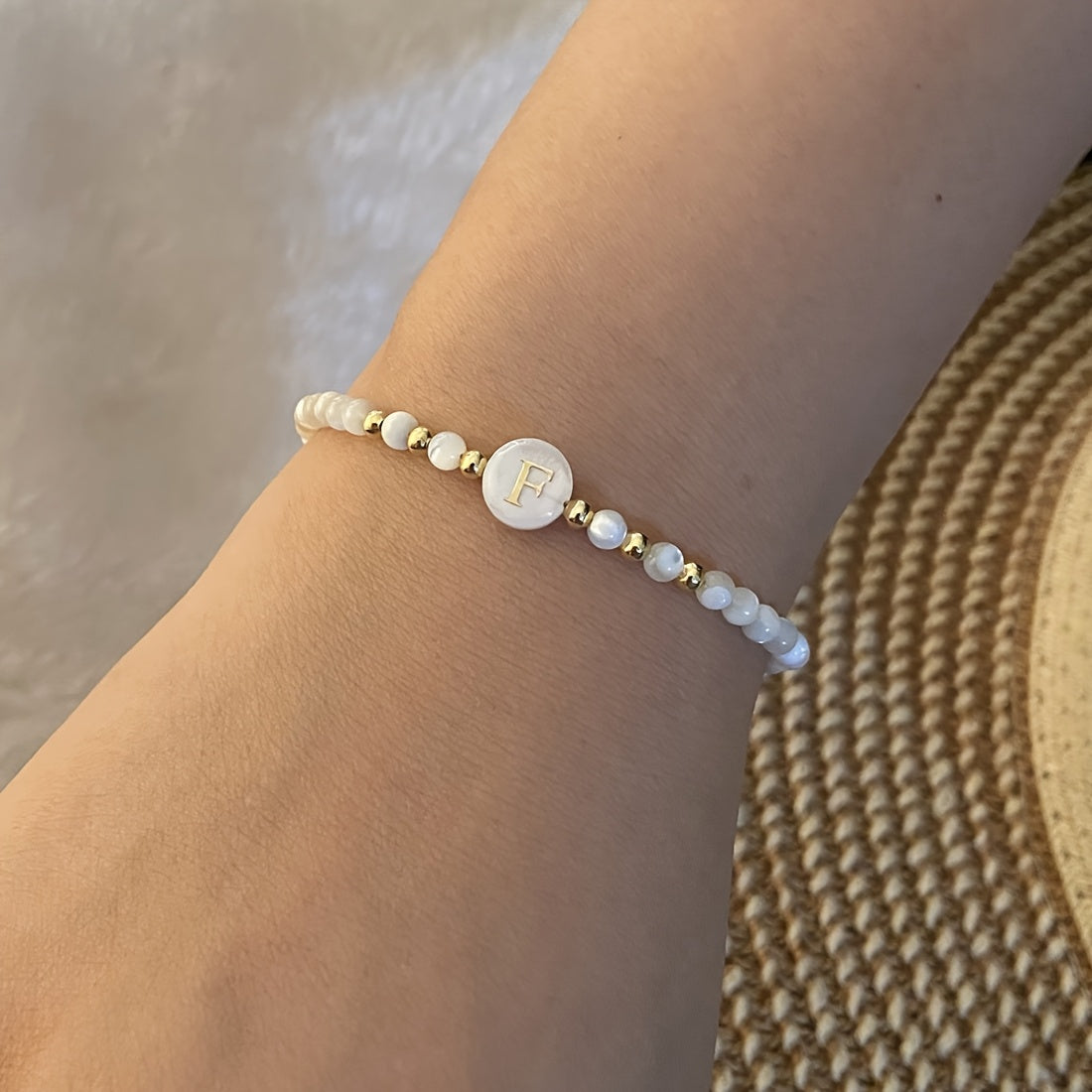 Elegant Initial Pearl Bracelet letter F