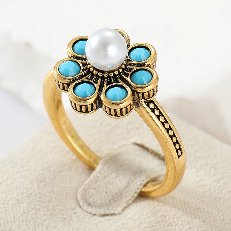 Elegant Floral Turquoise Pearl Ring