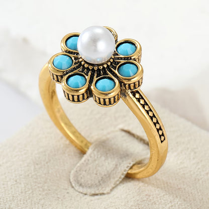 Elegant Floral Turquoise Pearl Ring