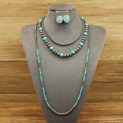 Turquoise Contrast Beaded Necklace & Earrings Set (5 pcs)