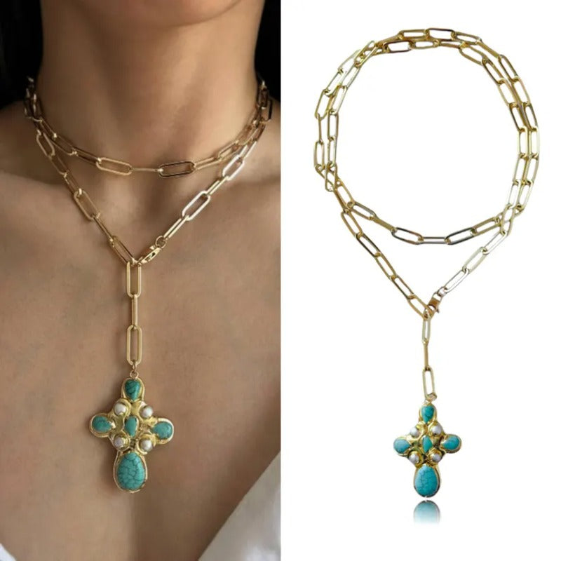 Statement Turquoise Cross Lariat Necklace layered on the neckline