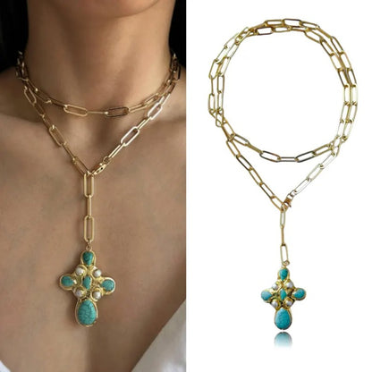 Statement Turquoise Cross Lariat Necklace layered on the neckline