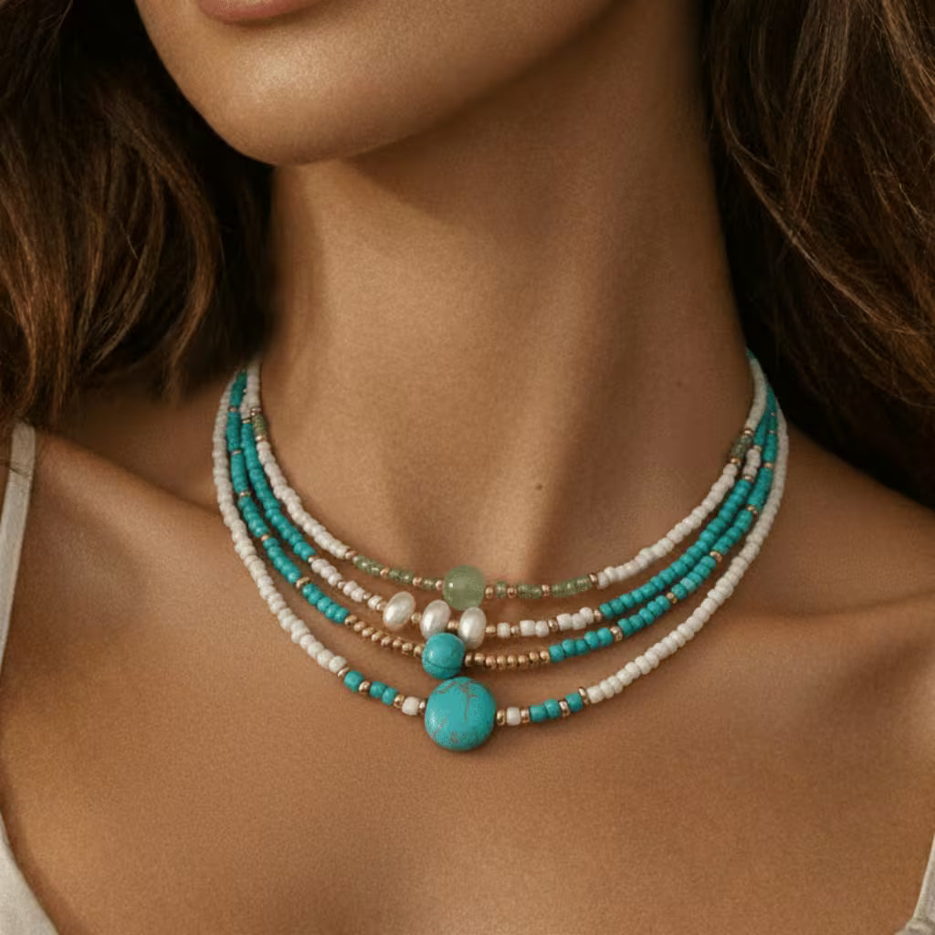Bohemian Pearl and Turquoise Beaded Bracelet Set